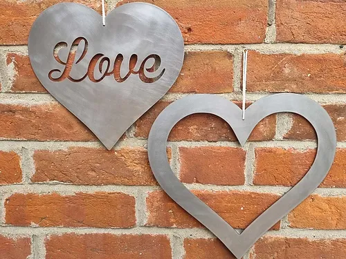 Pair of Solid Metal Hearts – “LOVE” Heart & Large Open Heart