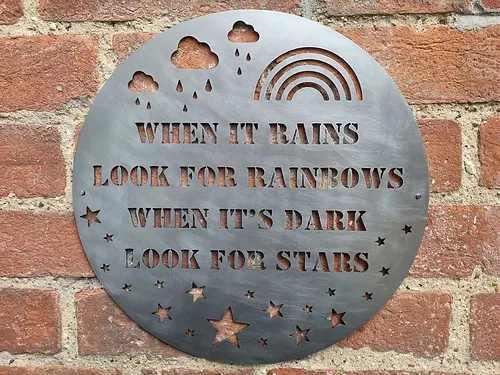 rustic metal when it rains look for rainbows inspirational wall sign UK